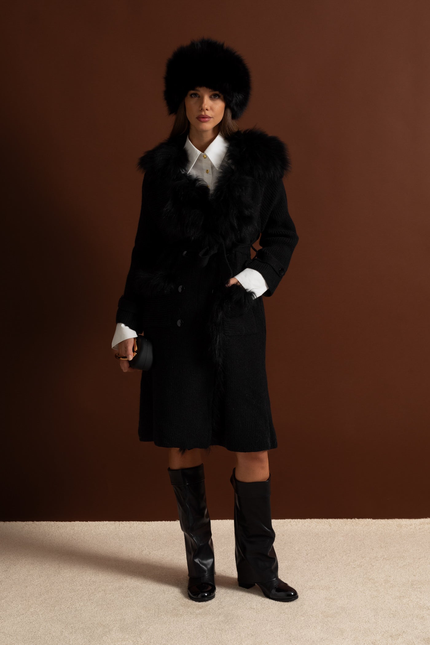 Knit Overcoat | Women | Double-Breasted | Faux Fur Trim | Belted | Black | Winter Coat | Steven & Levon