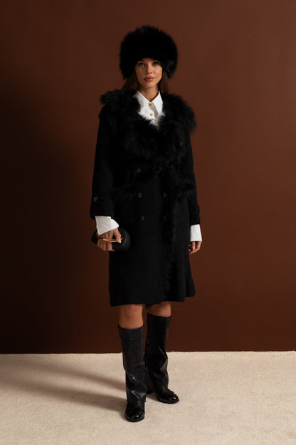 Knit Overcoat | Women | Double-Breasted | Faux Fur Trim | Belted | Black | Winter Coat | Steven & Levon