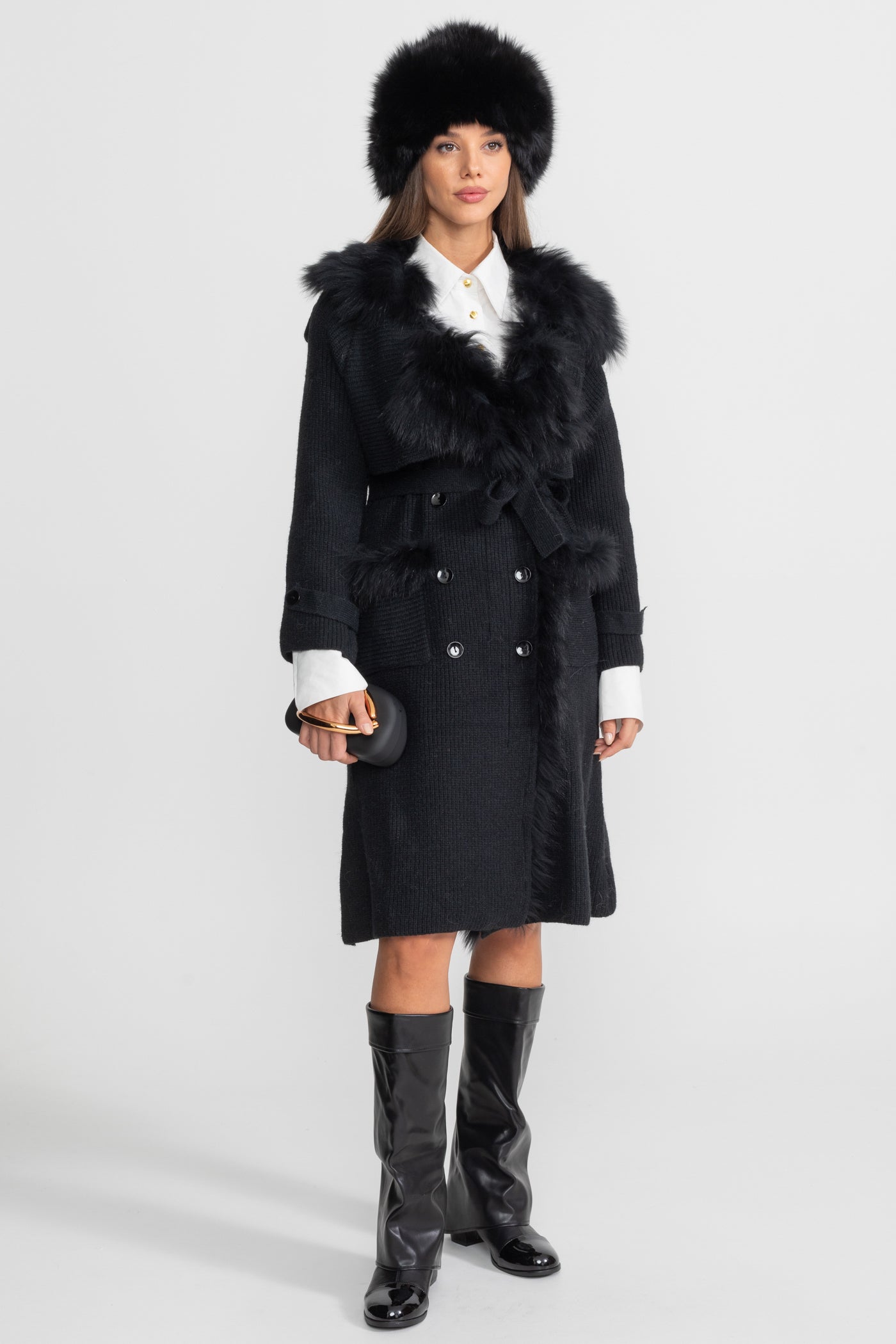 Knit Overcoat | Women | Double-Breasted | Faux Fur Trim | Belted | Black | Winter Coat | Steven & Levon