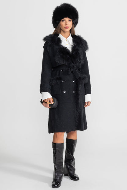 Knit Overcoat | Women | Double-Breasted | Faux Fur Trim | Belted | Black | Winter Coat | Steven & Levon