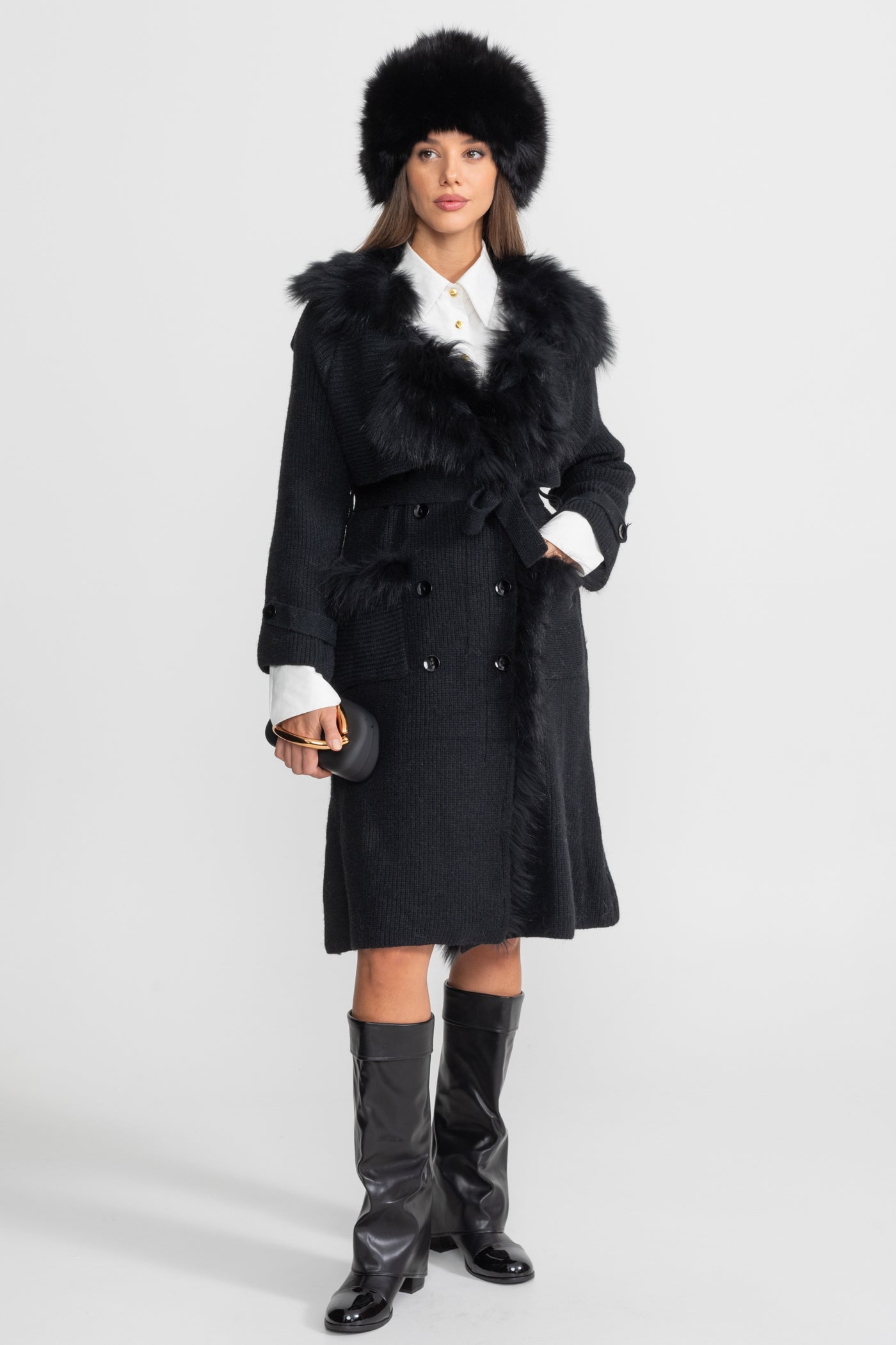 Knit Overcoat | Women | Double-Breasted | Faux Fur Trim | Belted | Black | Winter Coat | Steven & Levon