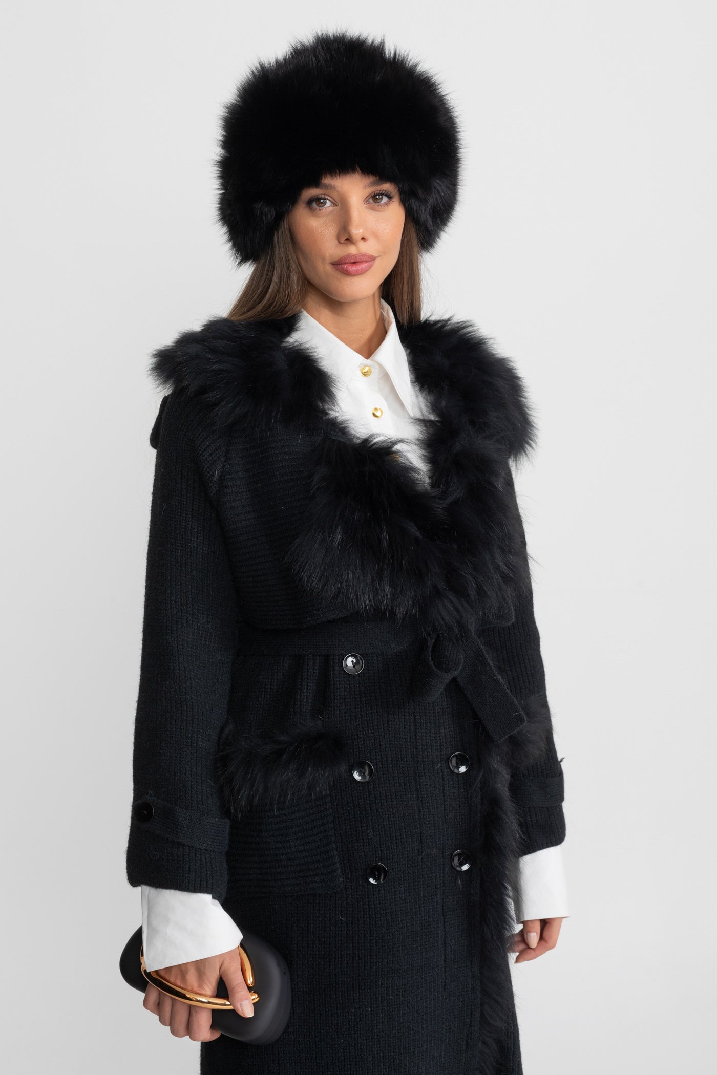 Knit Overcoat | Women | Double-Breasted | Faux Fur Trim | Belted | Black | Winter Coat | Steven & Levon