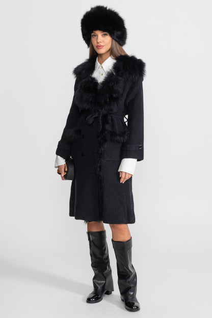 Knit Overcoat | Women | Double-Breasted | Faux Fur Trim | Belted | Black | Winter Coat | Steven & Levon