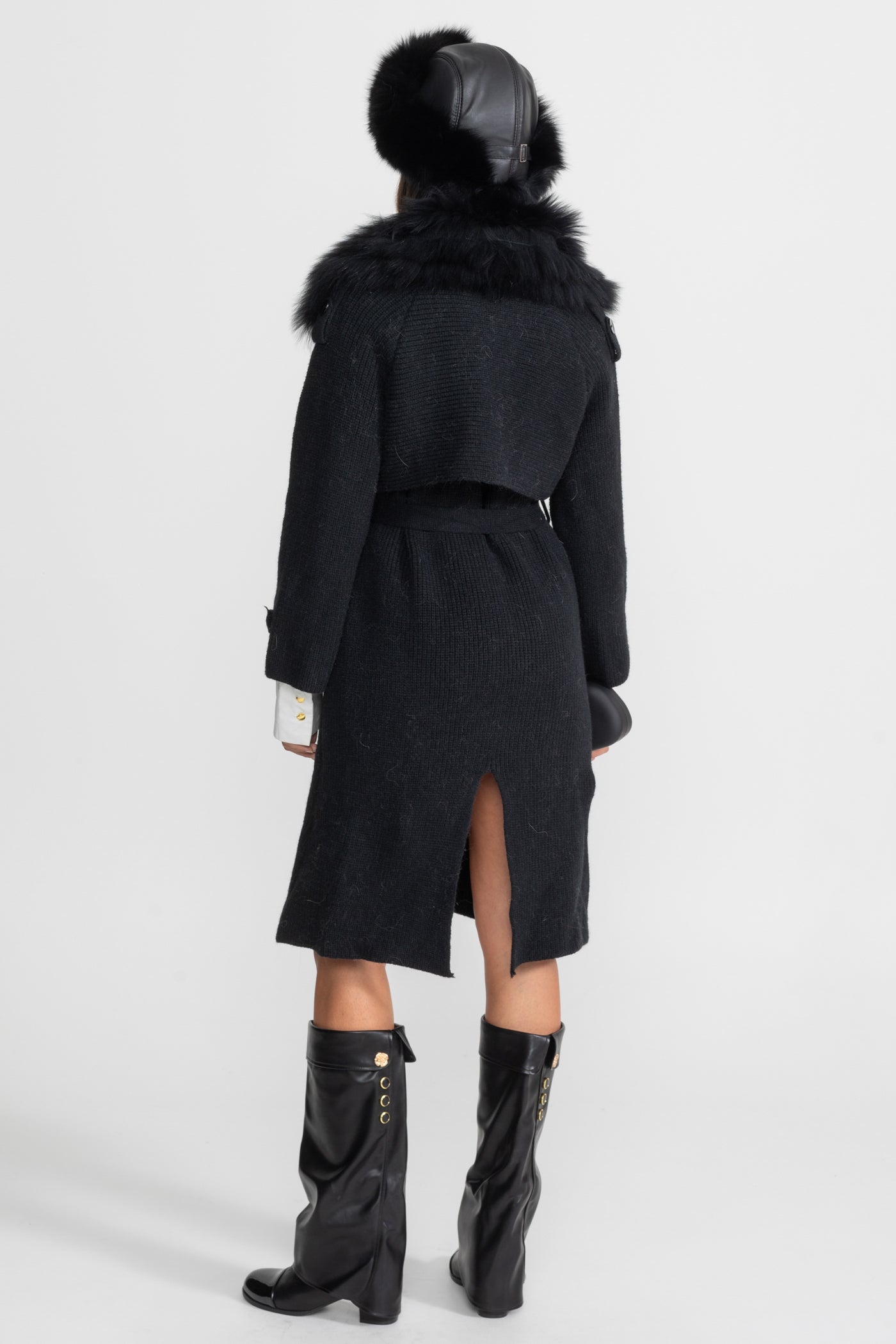 Knit Overcoat | Women | Double-Breasted | Faux Fur Trim | Belted | Black | Winter Coat | Steven & Levon