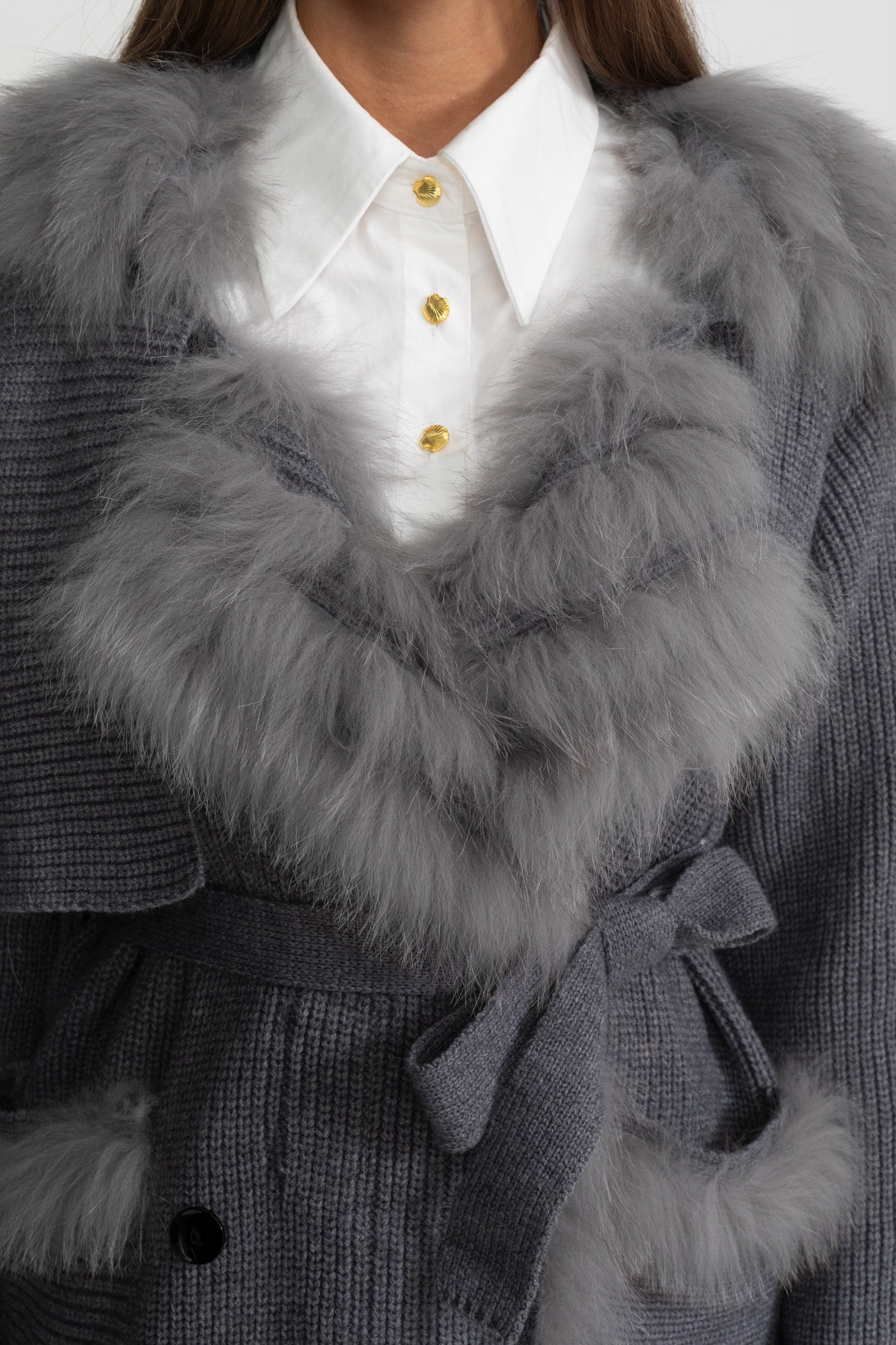Knit Overcoat | Women | Double-Breasted | Faux Fur Trim | Belted | Grey | Steven & Levon