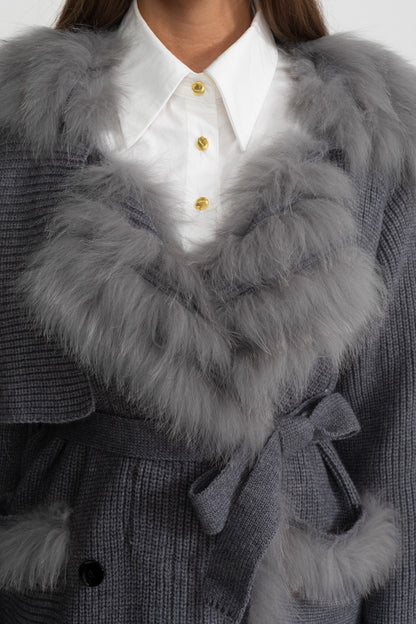 Knit Overcoat | Women | Double-Breasted | Faux Fur Trim | Belted | Grey | Steven & Levon