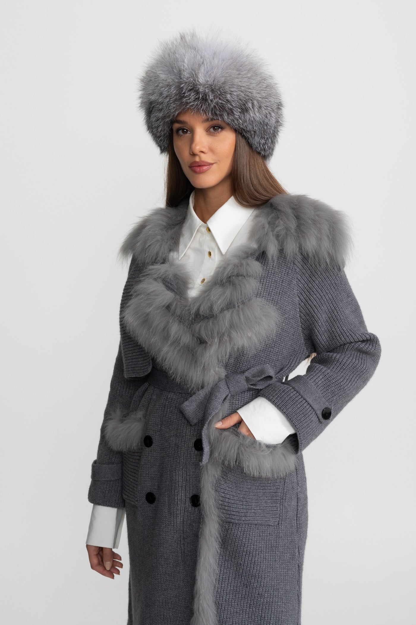 Knit Overcoat | Women | Double-Breasted | Faux Fur Trim | Belted | Grey | Steven & Levon