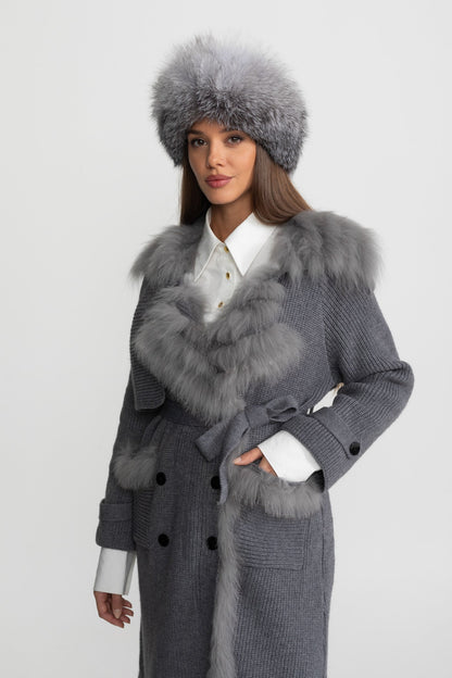 Knit Overcoat | Women | Double-Breasted | Faux Fur Trim | Belted | Grey | Steven & Levon