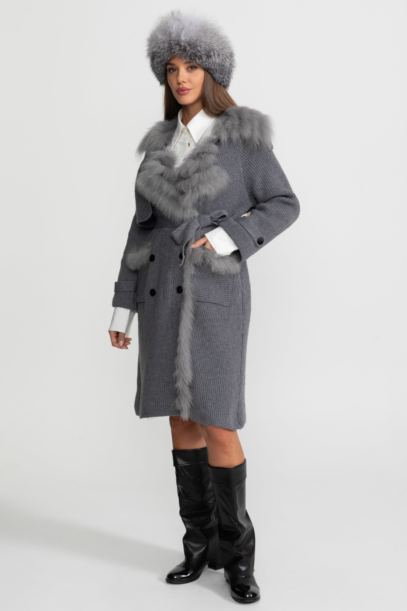 Knit Overcoat | Women | Double-Breasted | Faux Fur Trim | Belted | Grey | Steven & Levon