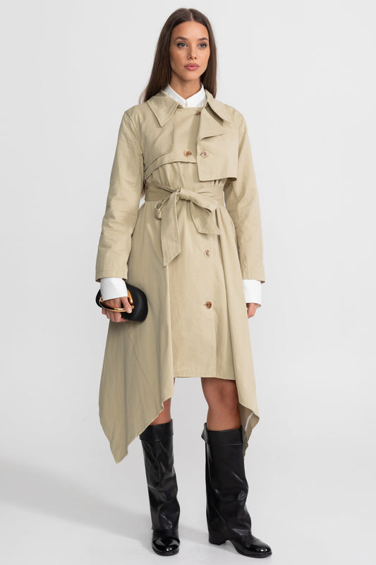 Women's Long Trench Coat | Beige | Tie Belt | Asymmetrical Hem | Elegant Overcoat | Steven & Levon