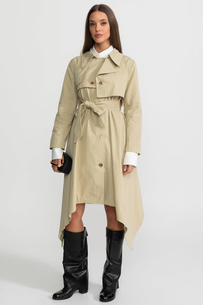 Women's Long Trench Coat | Beige | Tie Belt | Asymmetrical Hem | Elegant Overcoat | Steven & Levon