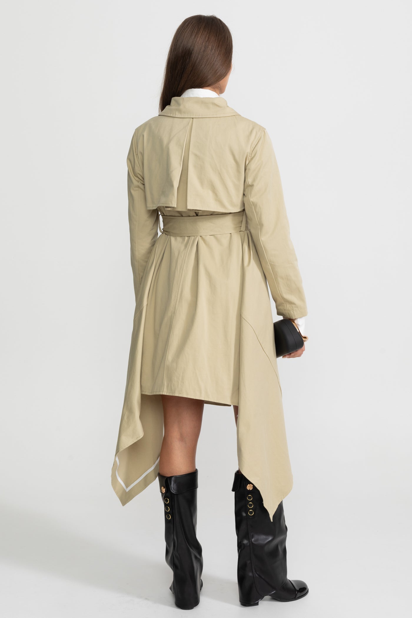 Women's Long Trench Coat | Beige | Tie Belt | Asymmetrical Hem | Elegant Overcoat | Steven & Levon