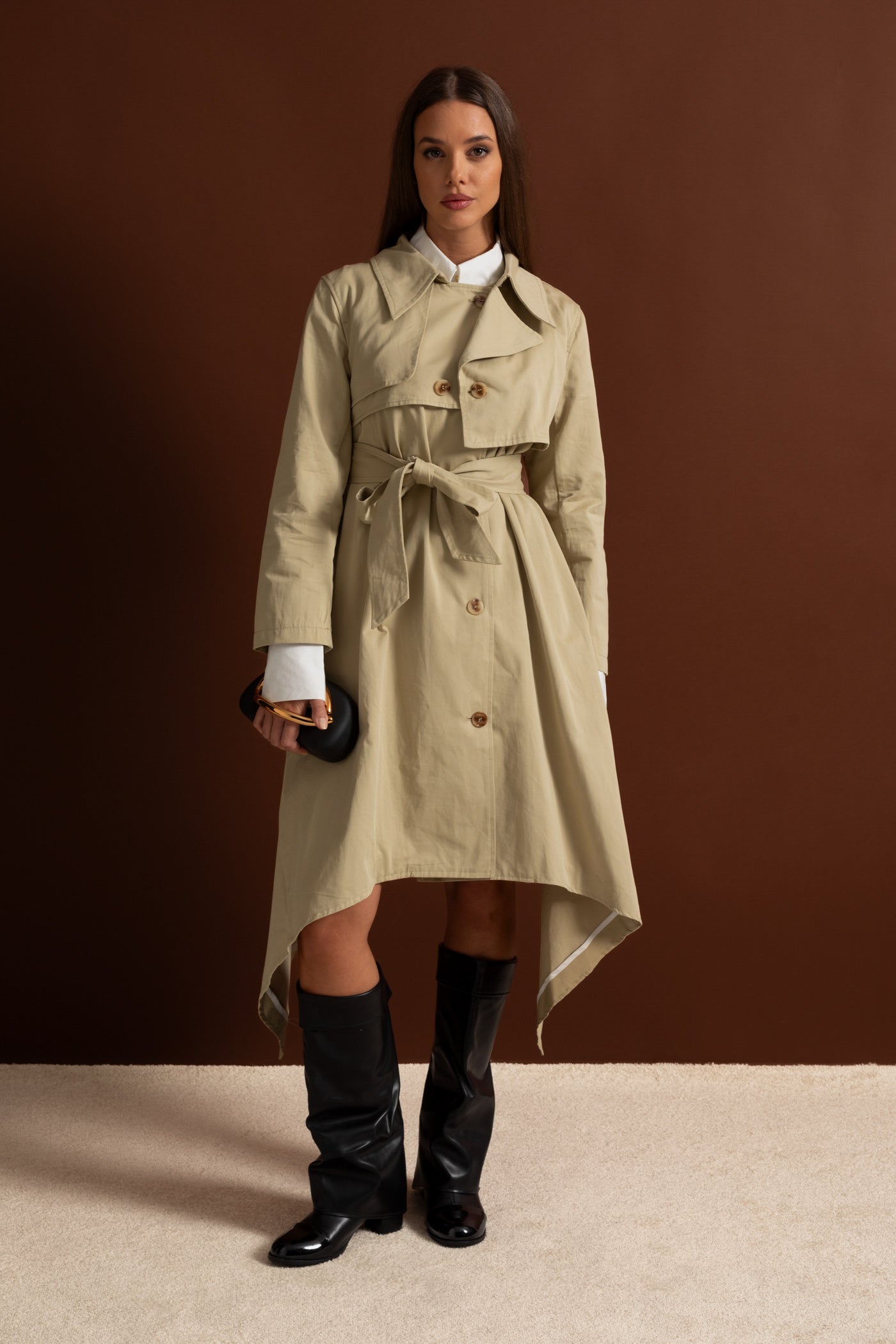 Women's Long Trench Coat | Beige | Tie Belt | Asymmetrical Hem | Elegant Overcoat | Steven & Levon
