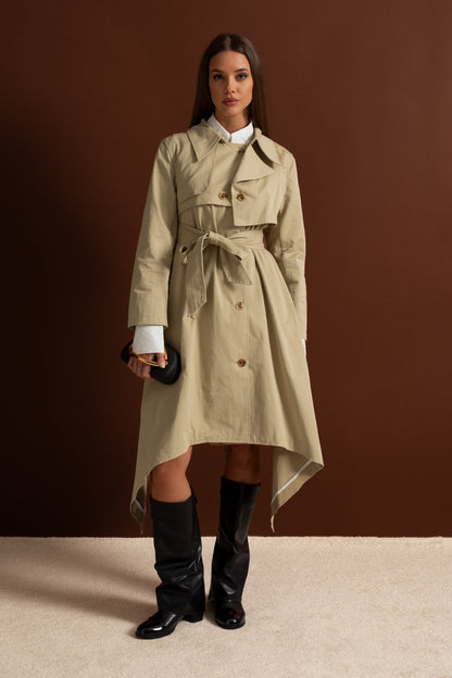 Women's Long Trench Coat | Beige | Tie Belt | Asymmetrical Hem | Elegant Overcoat | Steven & Levon