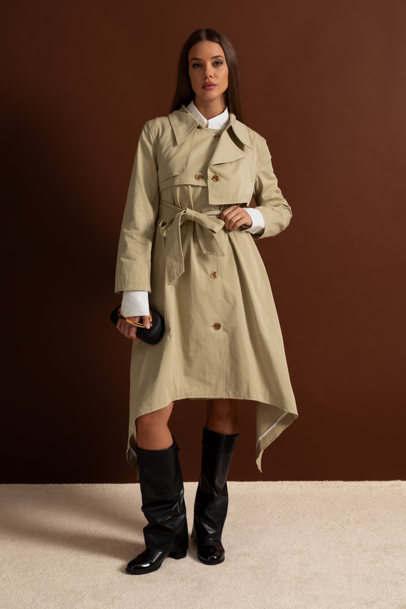 Women's Long Trench Coat | Beige | Tie Belt | Asymmetrical Hem | Elegant Overcoat | Steven & Levon