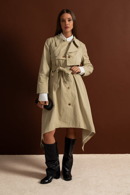 Women's Long Trench Coat | Beige | Tie Belt | Asymmetrical Hem | Elegant Overcoat | Steven & Levon