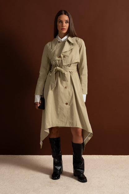 Women's Long Trench Coat | Beige | Tie Belt | Asymmetrical Hem | Elegant Overcoat | Steven & Levon