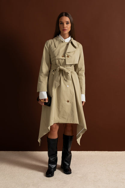Women's Long Trench Coat | Beige | Tie Belt | Asymmetrical Hem | Elegant Overcoat | Steven & Levon