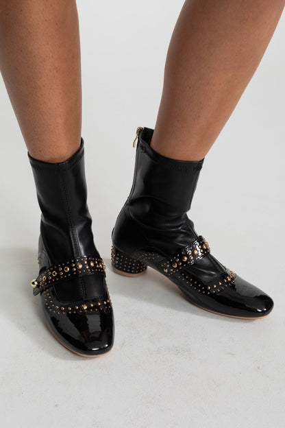 Studded Ankle Boots | Women | Pearl Strap | Black | Steven & Levon