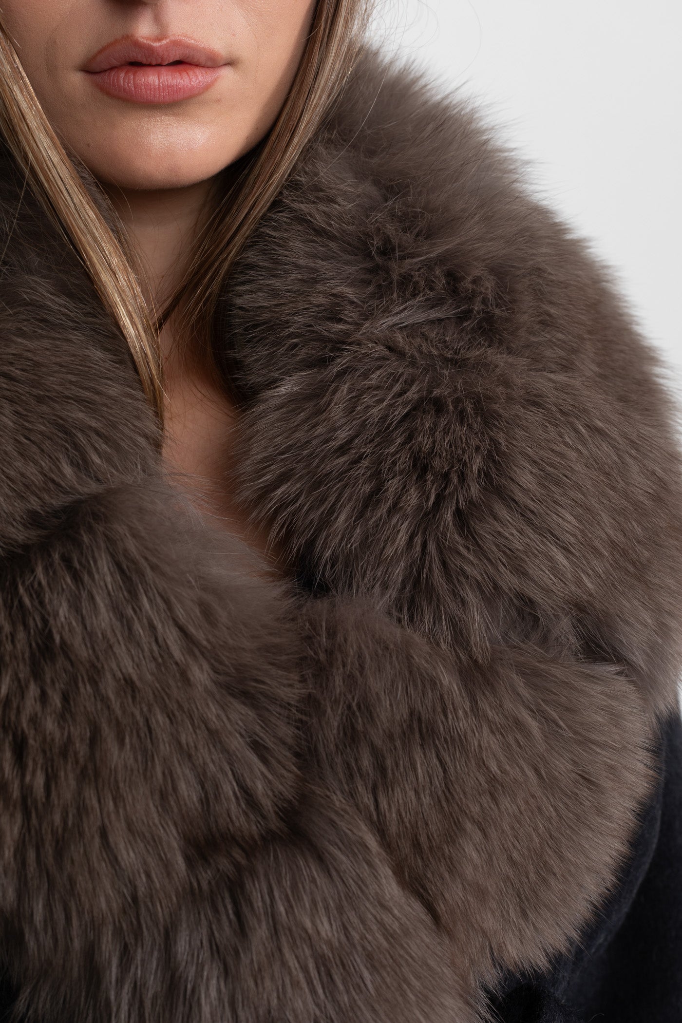Women's Wool Wrap Coat | Fox Fur Collar | Tie Belt | Black Brown Winter Coat | Steven & Levon