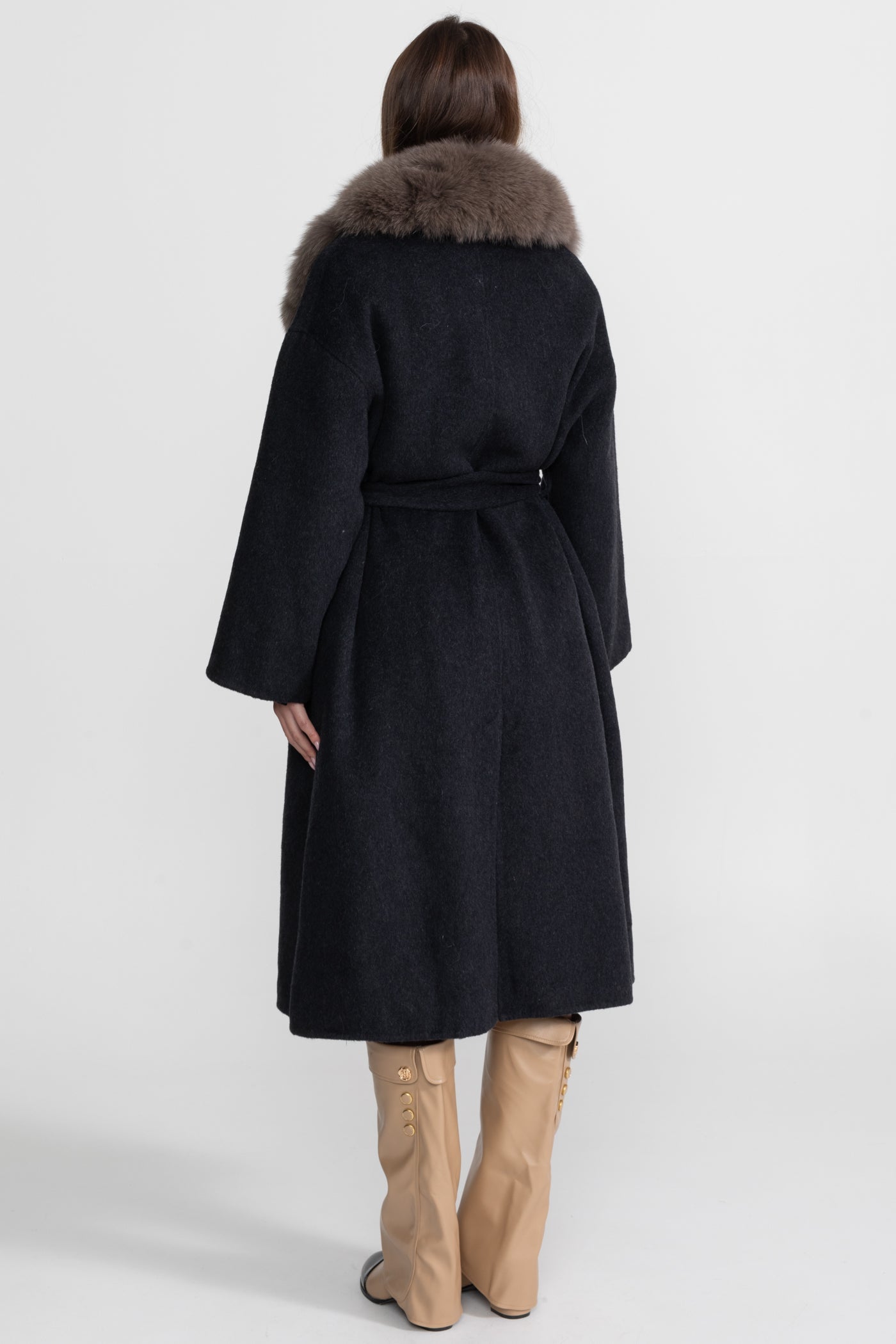 Women's Wool Wrap Coat | Fox Fur Collar | Tie Belt | Black Brown Winter Coat | Steven & Levon