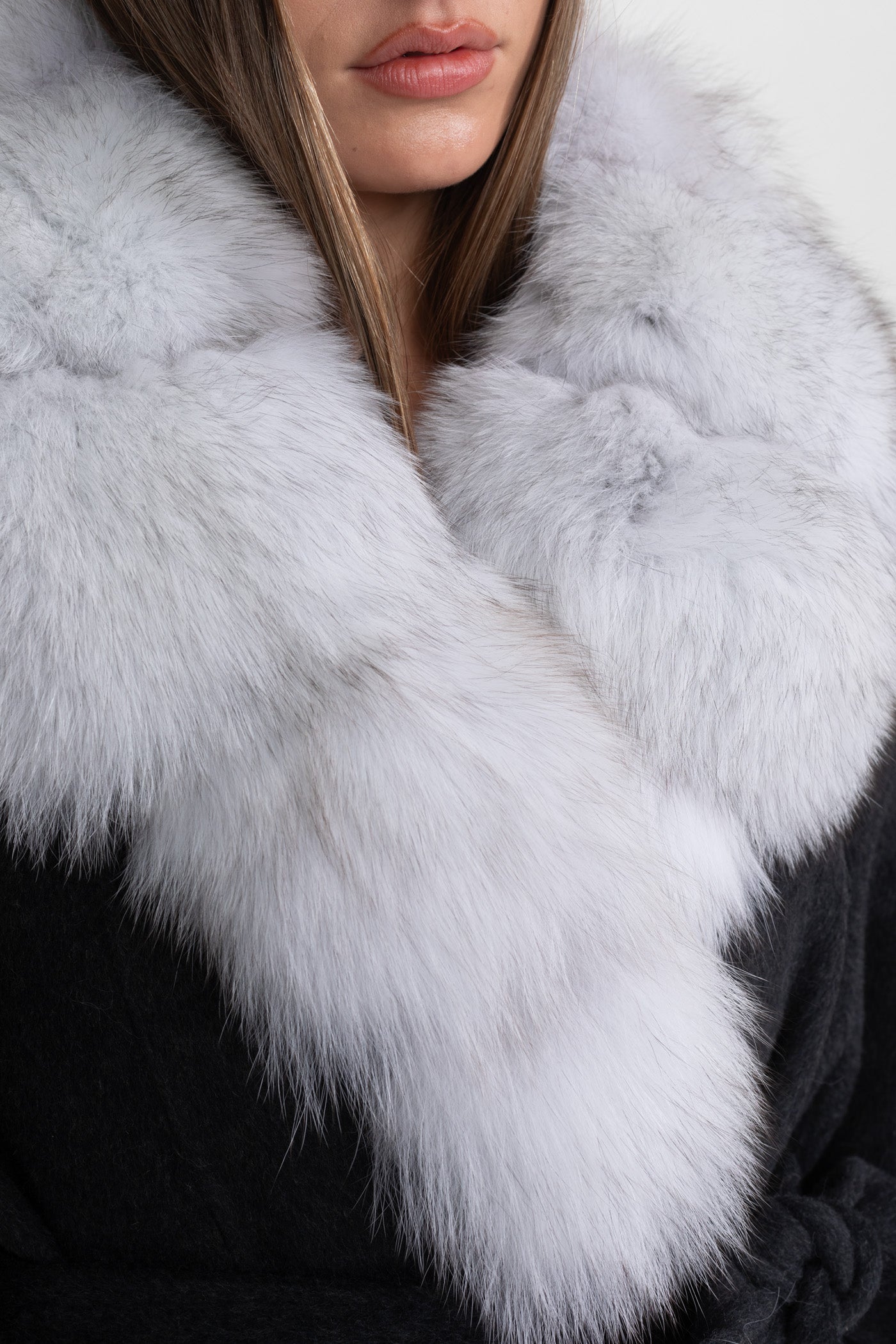 Wool Wrap Coat | Women's Wool Blend Coat | Fox Fur Collar, Tie Belt, Black & Grey Winter Outerwear | Steven & Levon