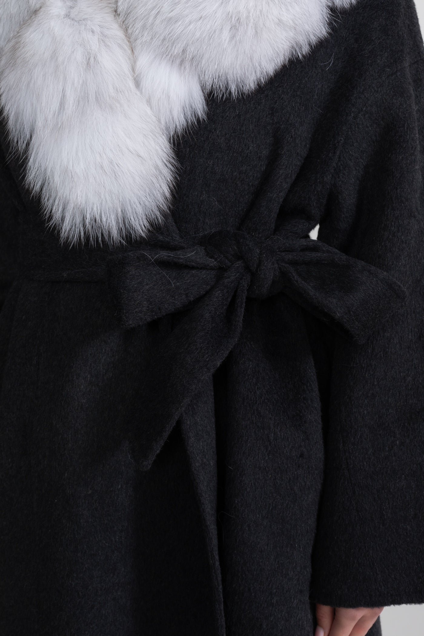 Wool Wrap Coat | Women's Wool Blend Coat | Fox Fur Collar, Tie Belt, Black & Grey Winter Outerwear | Steven & Levon