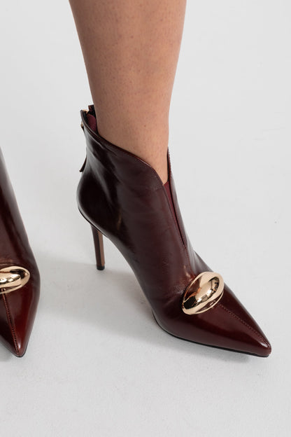 Leather Pointed Toe Ankle Boots | Women | Gold Buckle | Burgundy | Steven & Levon