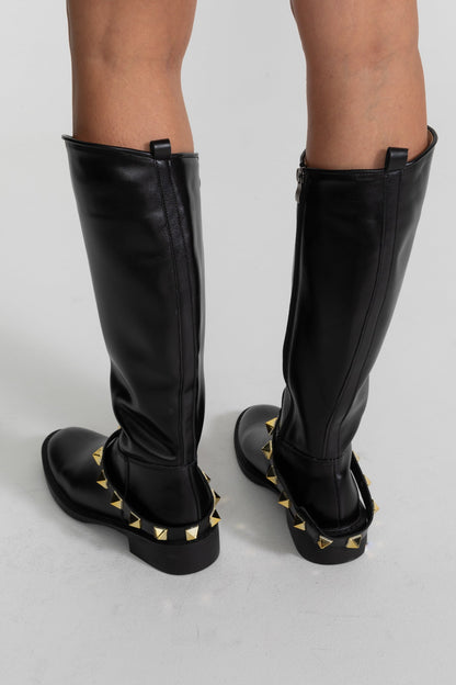Knee High Boots | Women | Gold Stud Strap | Black | Steven & Levon