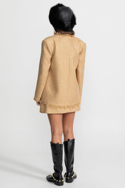 Women's Textured Tweed Overcoat | Sequin Embellishments, Fringe Trim | Gold Statement Coat | Steven & Levon