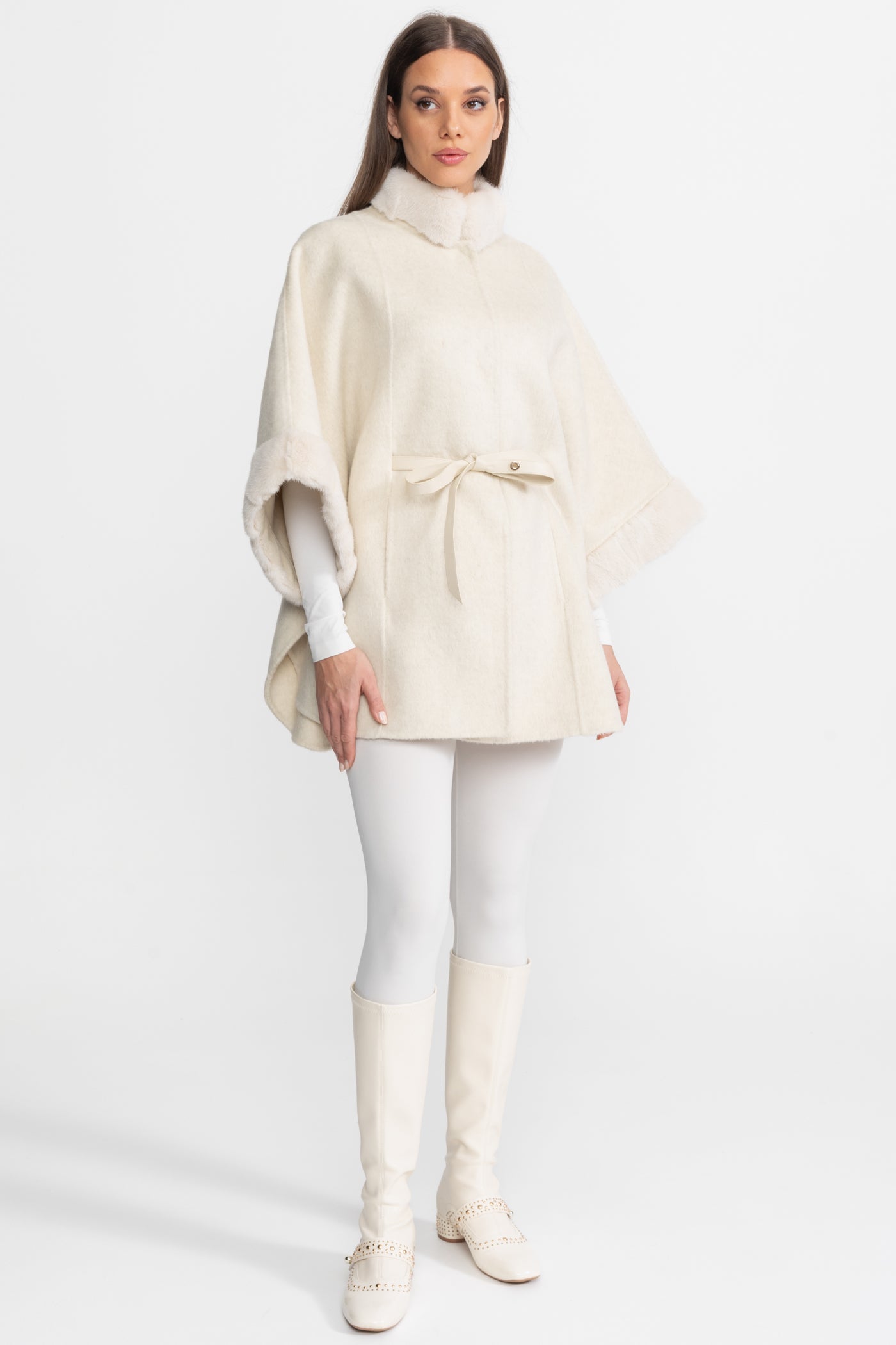 Wool Blend Cape Coat | Women's Cape Coat | Fur Trim, Ivoire Elegant Winter Outerwear | Steven & Levon