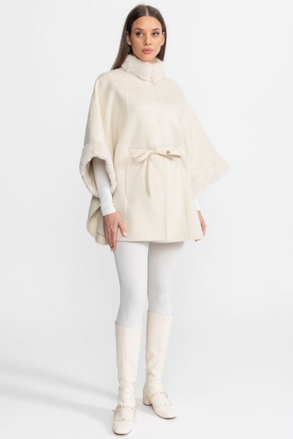 Wool Blend Cape Coat | Women's Cape Coat | Fur Trim, Ivoire Elegant Winter Outerwear | Steven & Levon
