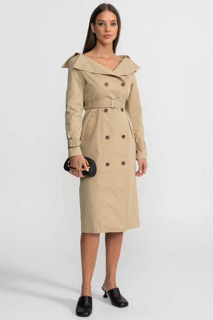 Off-Shoulder Double-Trench Coat | Women | Off-Shoulder | Double-Breasted | Belted Waist | Khaki | Steven & LevonTrench Coat Dress With Belted Waist – Brown