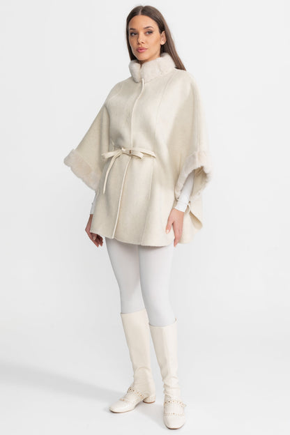Wool Blend Cape Coat | Women's Cape Coat | Fur Trim, Ivoire Elegant Winter Outerwear | Steven & Levon