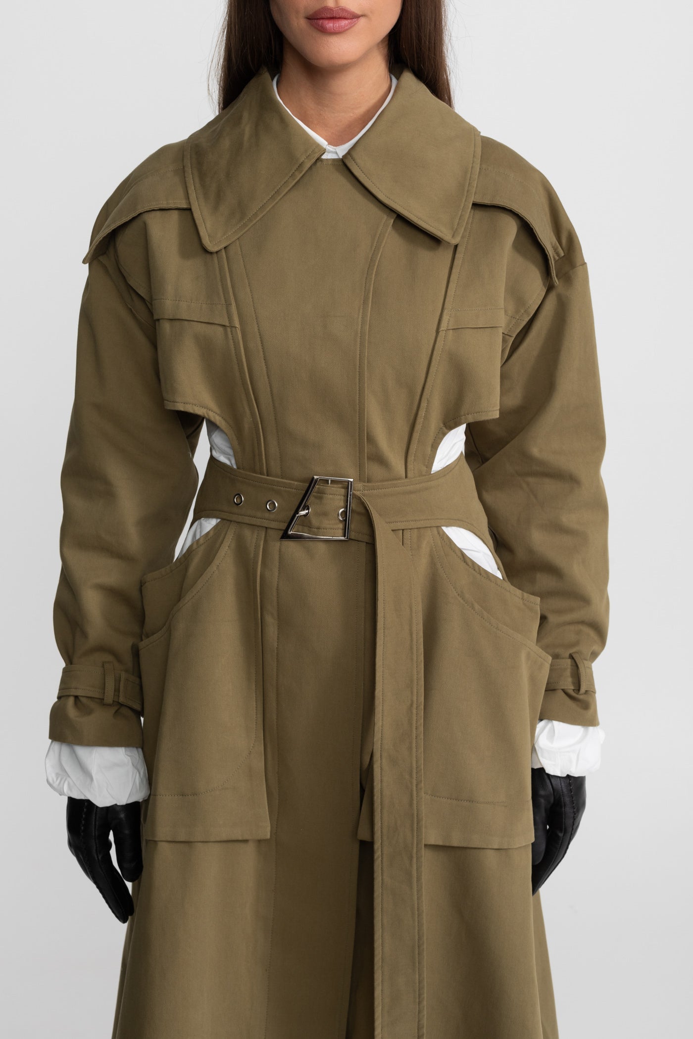 Women's Double Breasted Mid Length Trench Coat | Khaki | Belted Waist | Steven & Levon