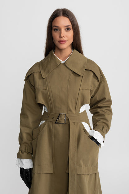 Women's Double Breasted Mid Length Trench Coat | Khaki | Belted Waist | Steven & Levon
