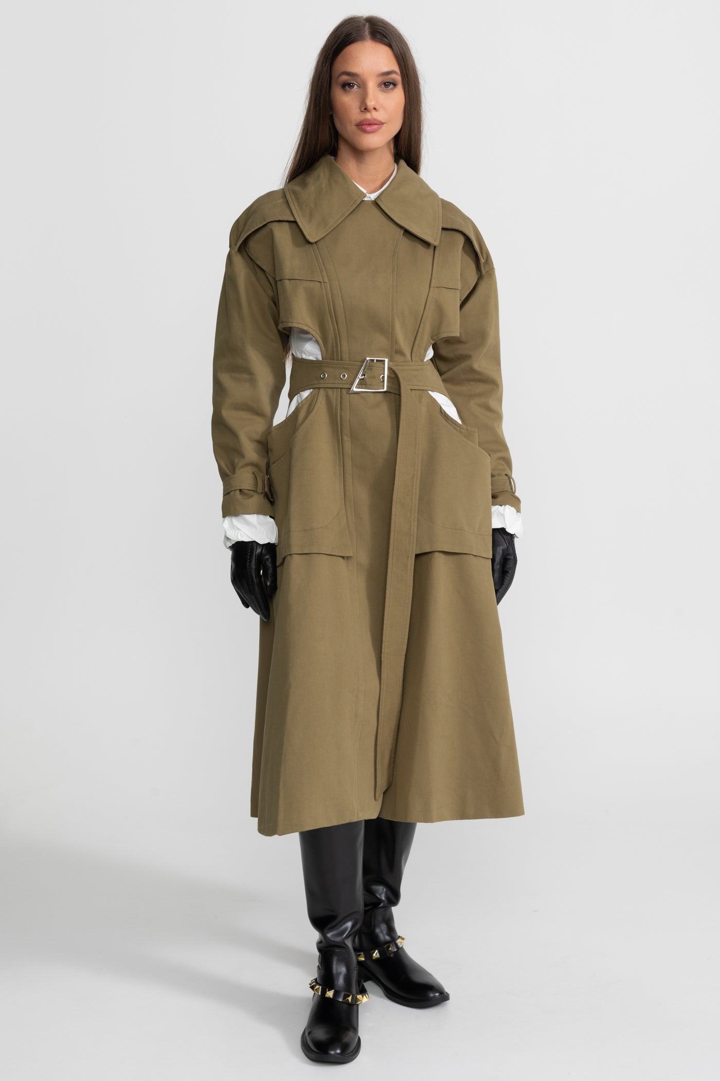 Women's Double Breasted Mid Length Trench Coat | Khaki | Belted Waist | Steven & Levon