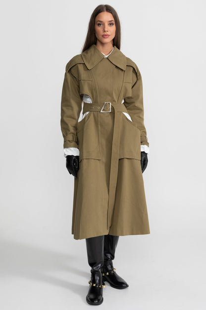 Women's Double Breasted Mid Length Trench Coat | Khaki | Belted Waist | Steven & Levon