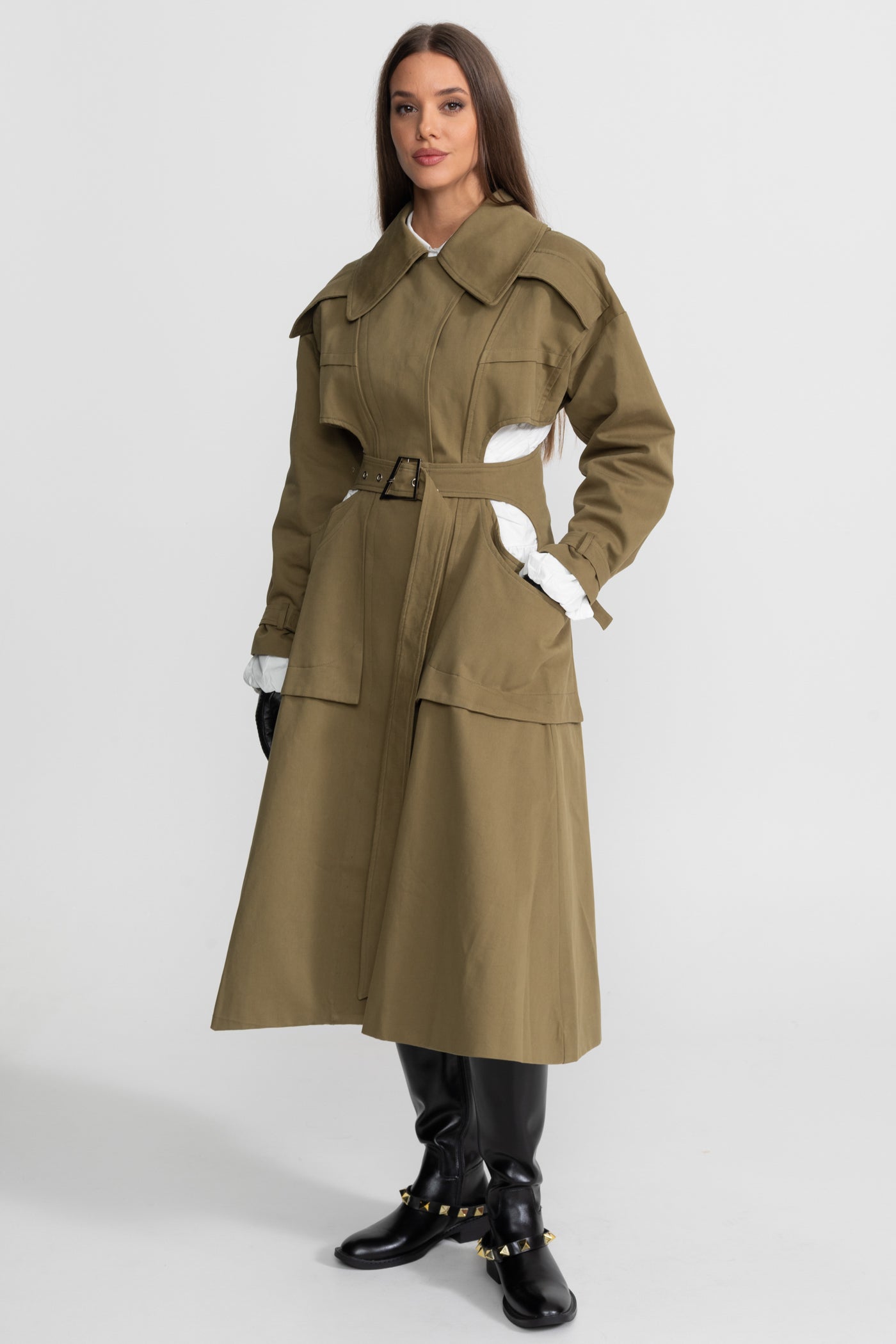 Women's Double Breasted Mid Length Trench Coat | Khaki | Belted Waist | Steven & Levon