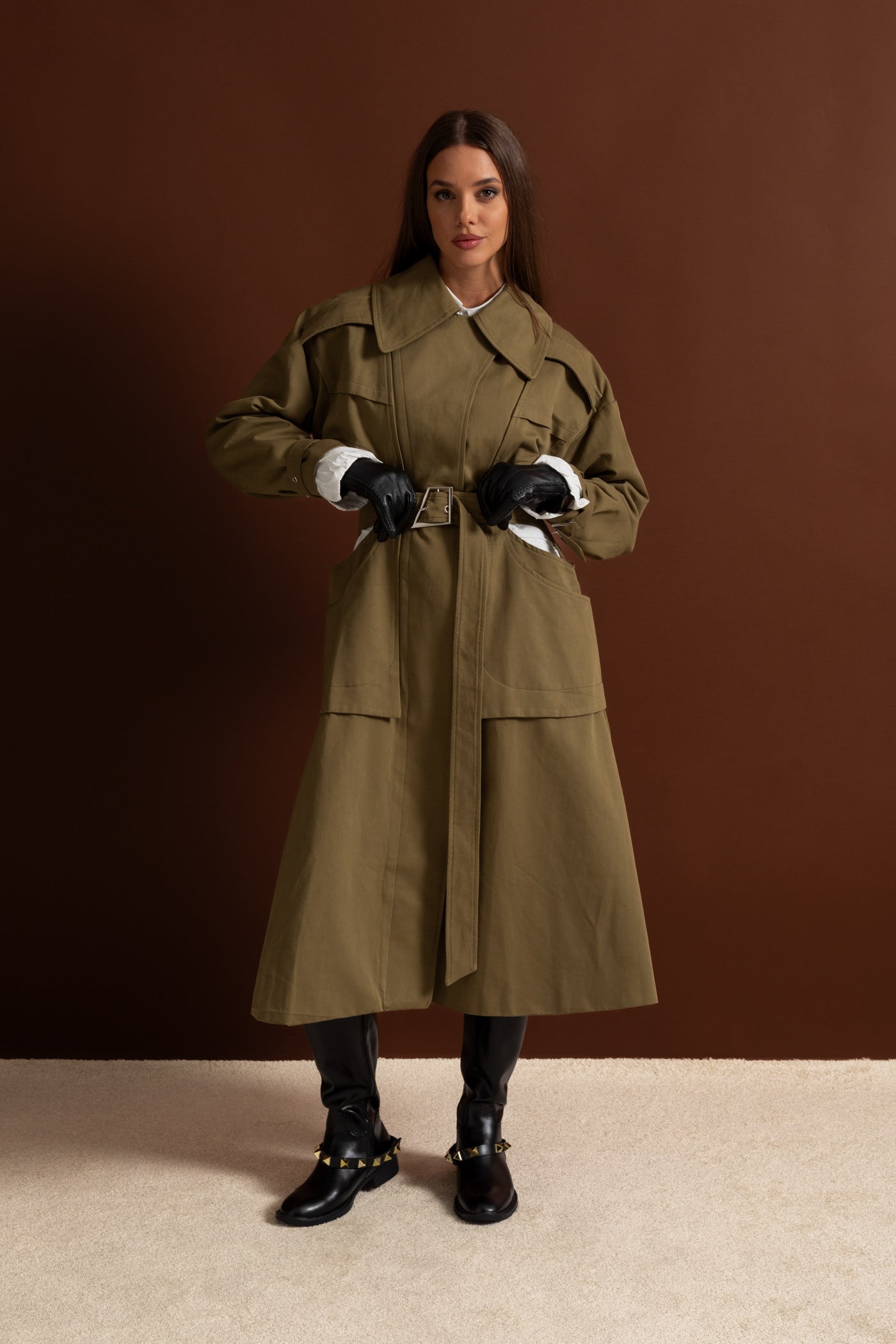 Women's Double Breasted Mid Length Trench Coat | Khaki | Belted Waist | Steven & Levon
