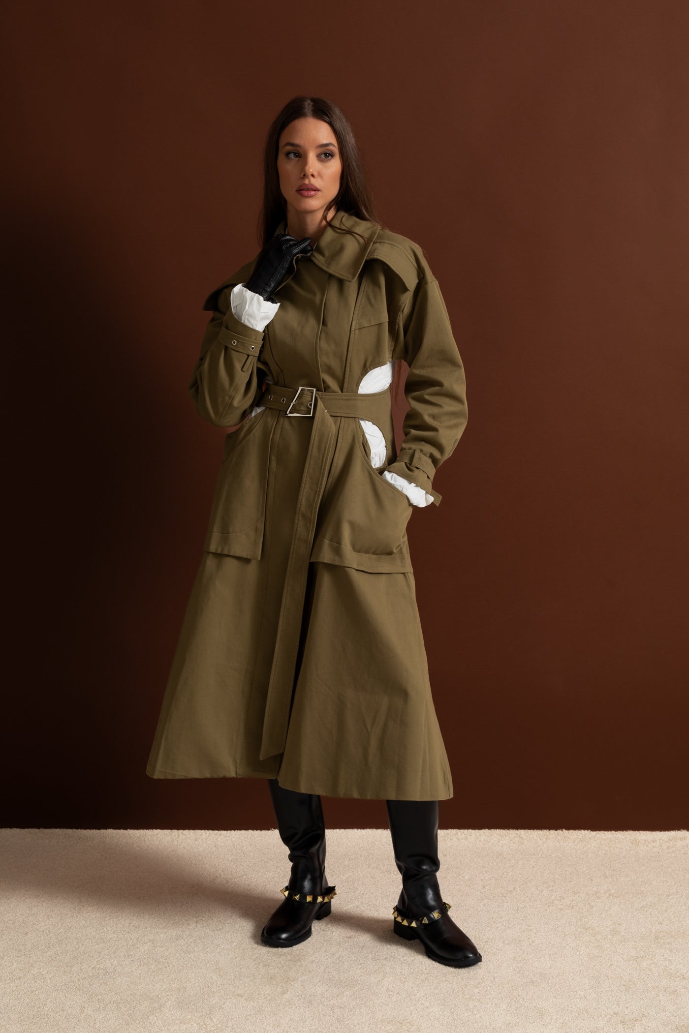 Women's Double Breasted Mid Length Trench Coat | Khaki | Belted Waist | Steven & Levon