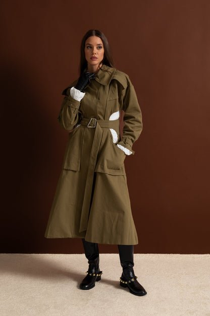 Women's Double Breasted Mid Length Trench Coat | Khaki | Belted Waist | Steven & Levon