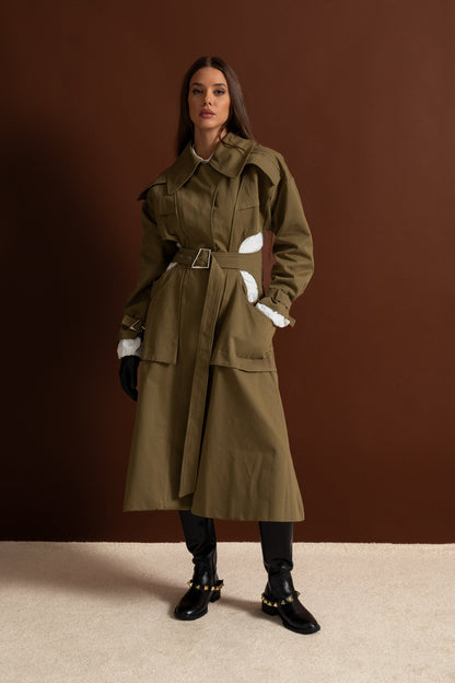 Women's Double Breasted Mid Length Trench Coat | Khaki | Belted Waist | Steven & Levon