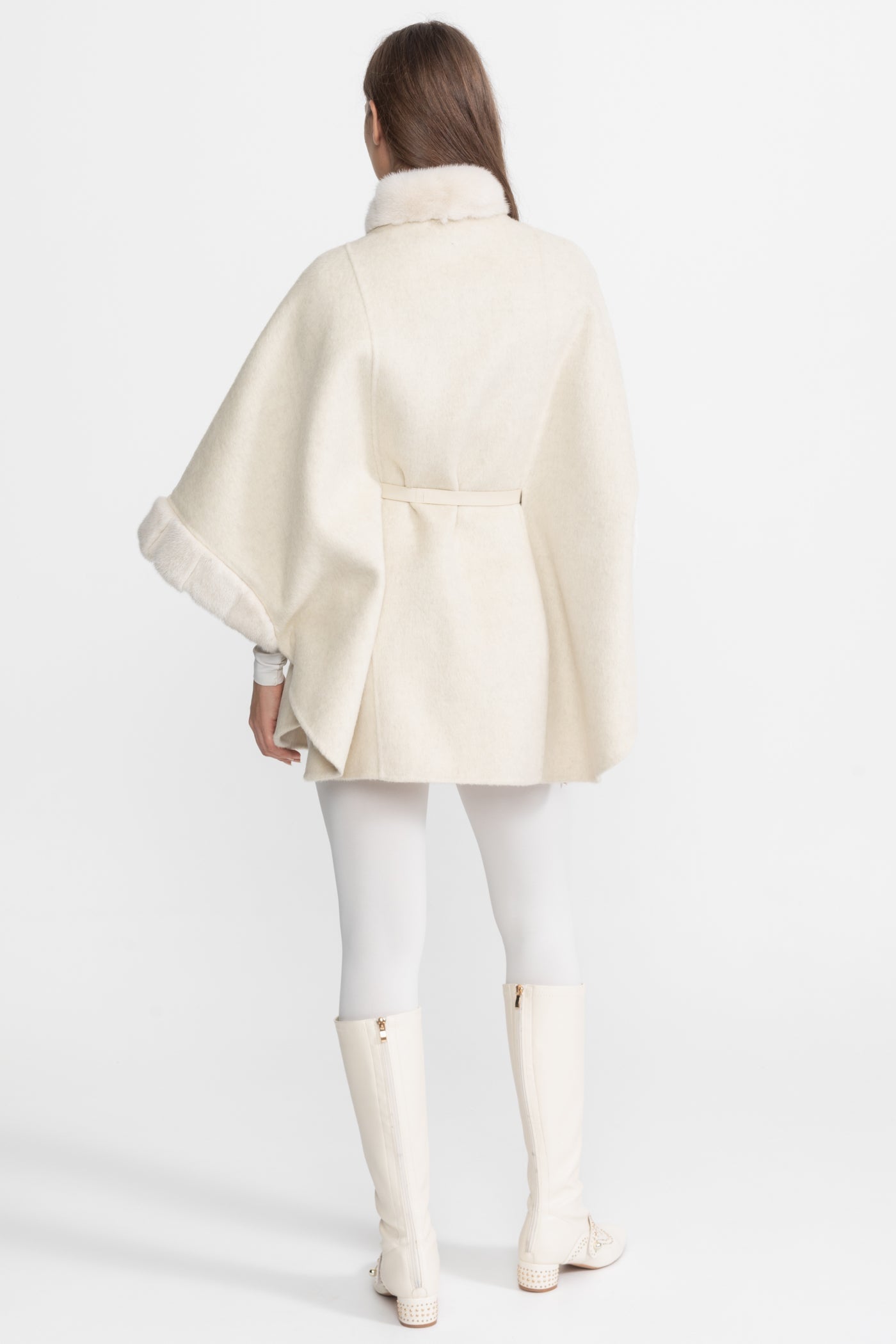 Wool Blend Cape Coat | Women's Cape Coat | Fur Trim, Ivoire Elegant Winter Outerwear | Steven & Levon