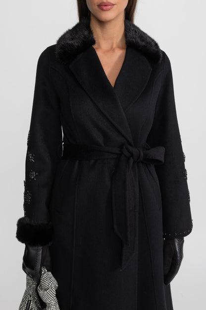 Women's Wool & Cashmere Overcoat | Fox Fur Collar | Crystal Embellished Sleeves, Black, Belted Wrap Coat | Steven & Levon