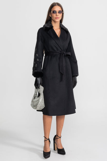 Women's Wool & Cashmere Overcoat | Fox Fur Collar | Crystal Embellished Sleeves, Black, Belted Wrap Coat | Steven & Levon