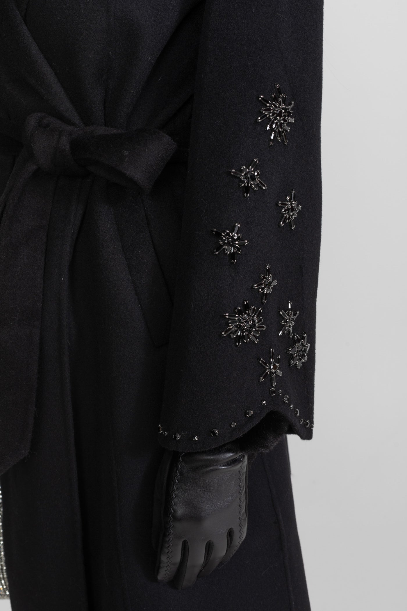 Women's Wool & Cashmere Overcoat | Fox Fur Collar | Crystal Embellished Sleeves, Black, Belted Wrap Coat | Steven & Levon