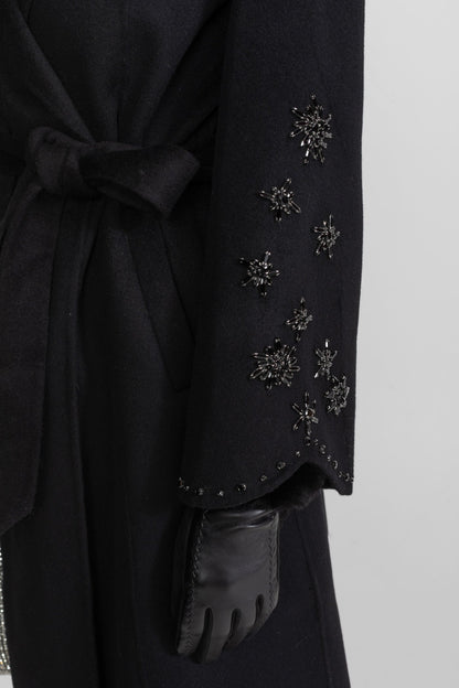 Women's Wool & Cashmere Overcoat | Fox Fur Collar | Crystal Embellished Sleeves, Black, Belted Wrap Coat | Steven & Levon