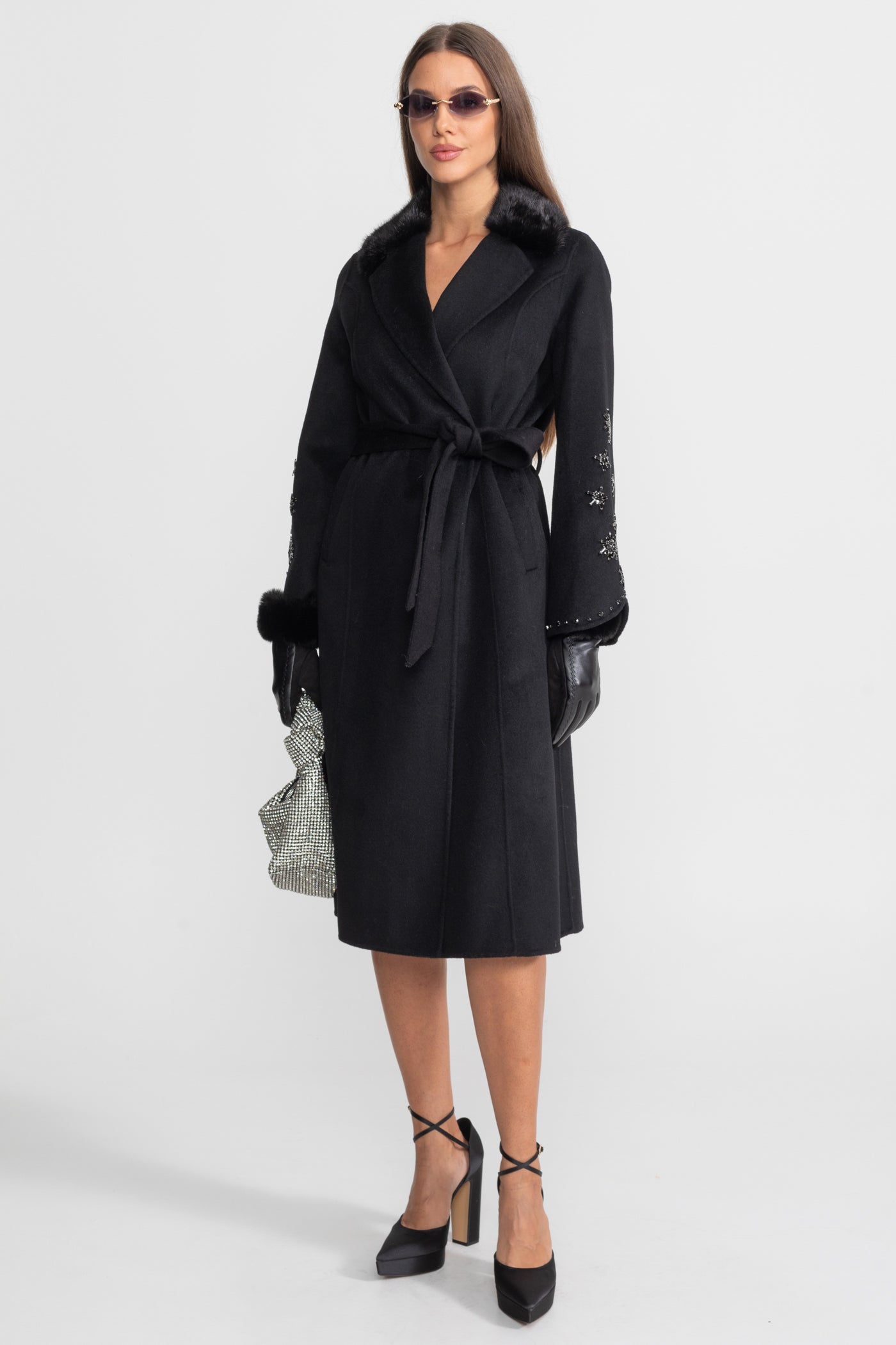 Women's Wool & Cashmere Overcoat | Fox Fur Collar | Crystal Embellished Sleeves, Black, Belted Wrap Coat | Steven & Levon