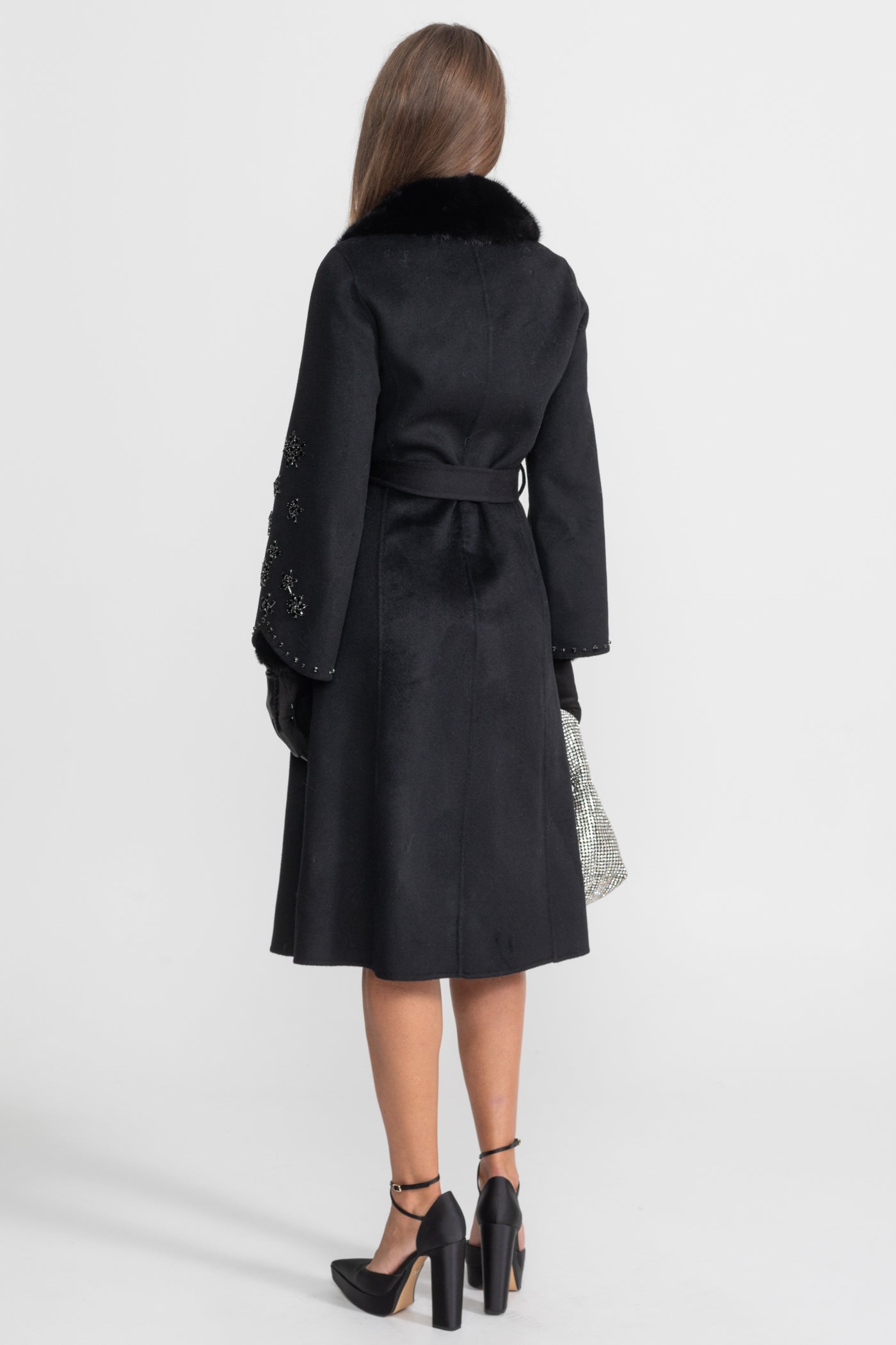 Women's Wool & Cashmere Overcoat | Fox Fur Collar | Crystal Embellished Sleeves, Black, Belted Wrap Coat | Steven & Levon